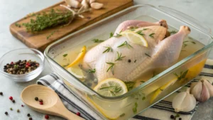 a chicken in a glass dish with lemons and herbs