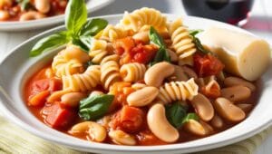 A stew-like Pasta e Fagioli with borlotti beans and fresh basil.