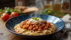 A hearty plate of pasta topped with traditional Bolognese ragu, garnished with fresh basil and grated Parmesan cheese, served on a rustic wooden table.