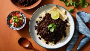 A vibrant plate of traditional Mexican black beans and rice garnished with fresh cilantro and lime wedges