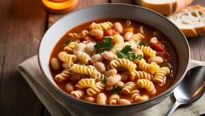 A bowl of traditional Pasta e Fagioli with Parmesan and bread on the side.