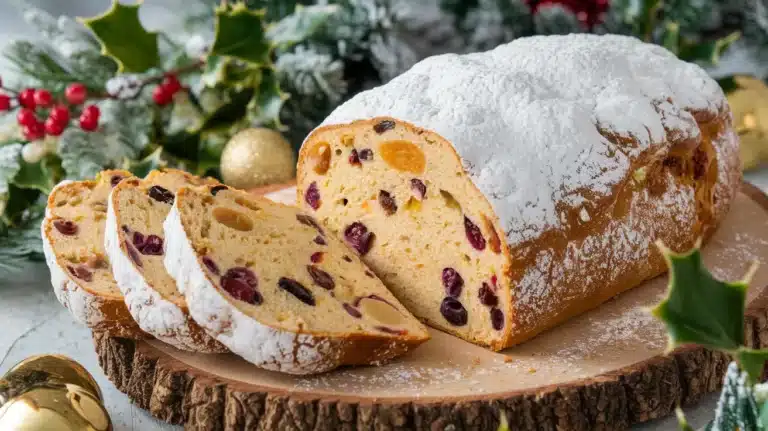 A sliced Stollen loaf with powdered sugar, dried fruits, and a marzipan center on a festive table