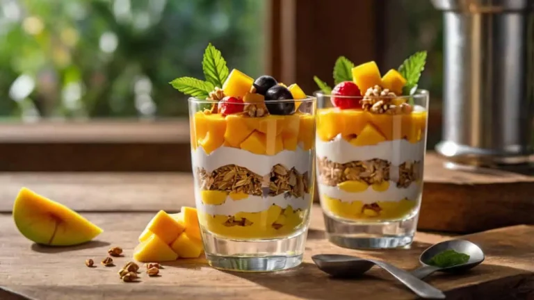 Layered mango parfait with granola, yogurt, fresh mango chunks, and mango boba pearls