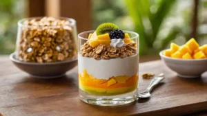 Layered mango parfait with granola, yogurt, fresh mango chunks, and mango boba pearls