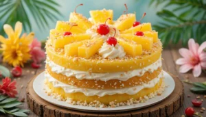 A beautifully decorated pineapple cake topped with pineapple slices, whipped cream, and candied cherries.