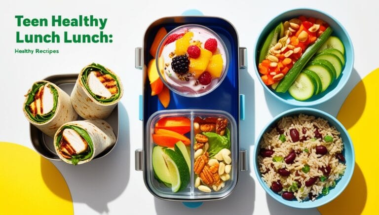 A healthy lunchbox with wraps, salad, fruit parfait, and a rice bowl