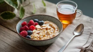 Creamy oats with berries, almonds, and honey in a rustic breakfast setting