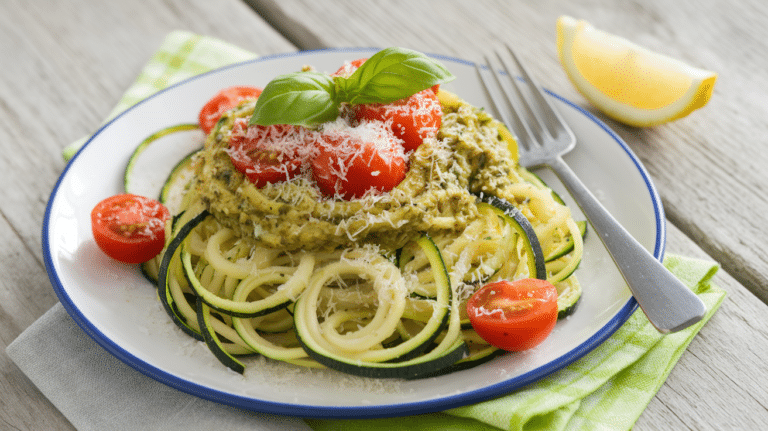 Zucchini noodles with basil pesto, cherry tomatoes, and Parmesan