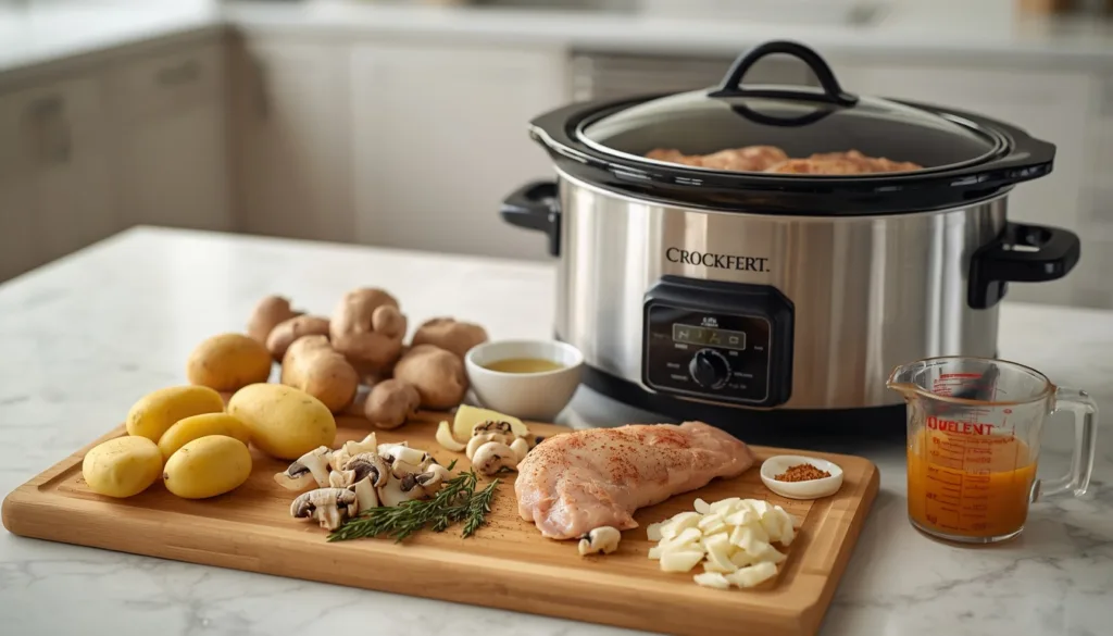 Preparing crockpot chicken with mushrooms and potatoes