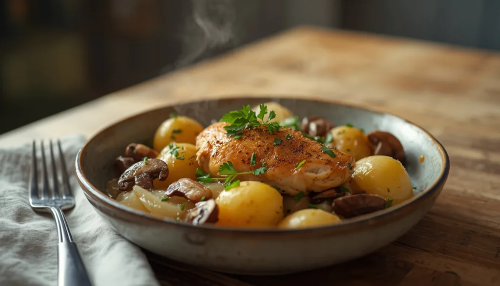 Crockpot chicken with mushrooms and potatoes served for dinner