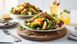 A vibrant salad with mixed greens, fresh fruits, nuts, and a light dressing, served on a white plate with refreshing drinks in the background