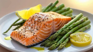 Three Keto-friendly dishes featuring avocado and egg bowl, zucchini noodles with pesto, and grilled salmon with asparagus