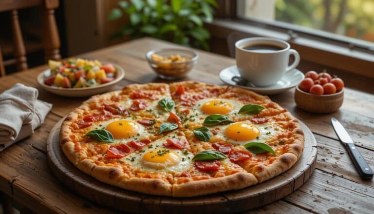 A freshly baked breakfast pizza topped with scrambled eggs, crispy bacon, melted cheese, and fresh herbs on a wooden board.