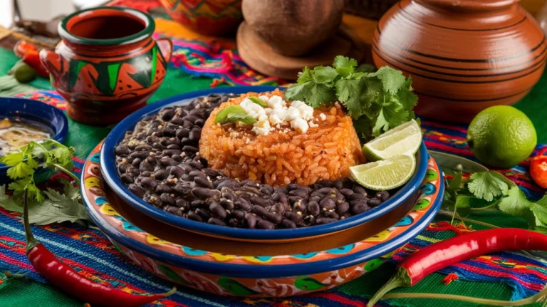 A vibrant plate of traditional Mexican black beans and tomato-infused rice served on colorful pottery, garnished with fresh cilantro, lime wedges, and crumbled queso fresco, placed on a woven Mexican tablecloth with chili peppers and a clay pot in the background.