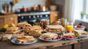 Assortment of frozen breakfast foods including waffles, burritos, and sandwiches.