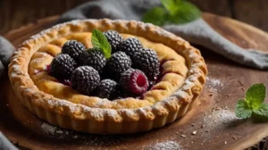 Black raspberry tart with mint garnish on a rustic wooden plate