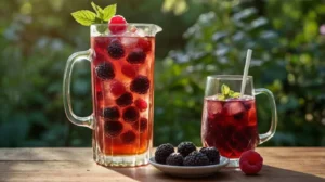 Iced tea infused with black raspberries and fresh mint leaves