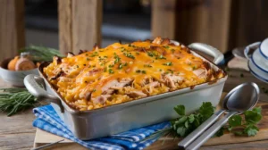 Cheesy chicken and rice casserole with golden melted cheese