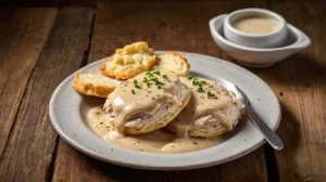 A plate of chicken and gravy over biscuits on a rustic table