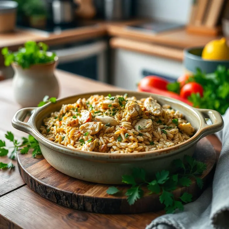 A rustic ceramic dish filled with Chicken and Wild Rice Casserole, garnished with parsley.