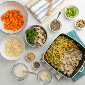 Step-by-step preparation of Chicken and Wild Rice Casserole on a kitchen counter