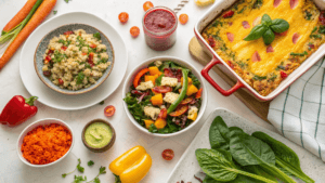 A variety of creative vegetable dishes on a table, including quinoa salad, smoothie, and casserole.