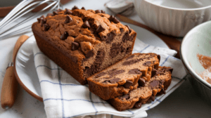 Pain aux bananes aux pépites de chocolat avec des morceaux de chocolat moelleux.