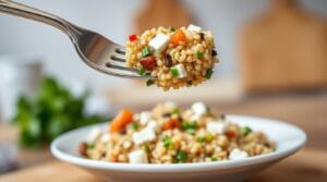 Close-up of quinoa salad with roasted veggies and feta cheese