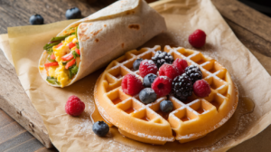 Golden waffles with berries and syrup, next to a fresh breakfast burrito filled with eggs and vegetables.