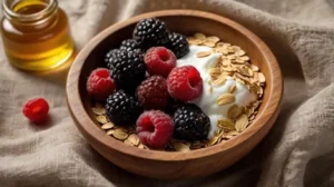 Key ingredients for black raspberry recipes: fresh berries, honey, yogurt, and oats