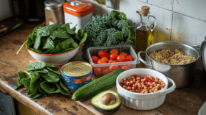 Fresh salad ingredients including greens, quinoa, and chickpeas