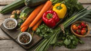 Fresh vegetables with herbs and spices on a wooden surface.