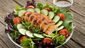 Grilled chicken salad with mixed greens, cherry tomatoes, and avocado