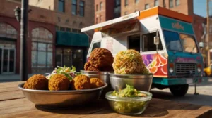 Shawarma wrap, biryani bowl, and falafel from a halal food truck displayed on a rustic table