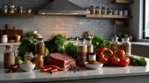 Fresh halal ingredients, including meat, vegetables, and spices, ready for cooking