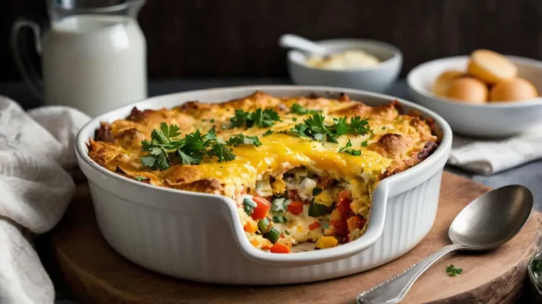 A breakfast casserole made with Jimmy Dean biscuits, eggs, cheese, and vegetables