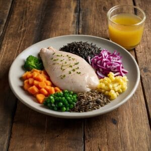 Ingredients for Chicken and Wild Rice Casserole arranged on a rustic table.