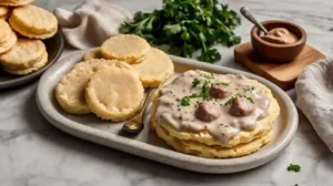 Ingredients for biscuits and gravy, including biscuits, sausage gravy, parsley, and butter