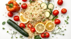 Ingredients for quinoa salad with roasted veggies