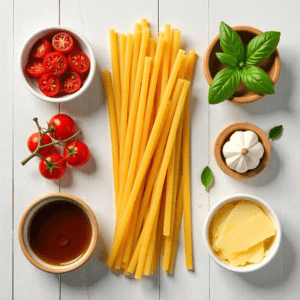  Flat lay of sundried tomato pasta ingredients on a wooden background.