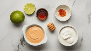 Ingredients for Chick-fil-A Creamy Salsa Dressing displayed on a marble surface