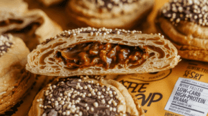 Close-up of a Legendary Foods Tasty Pastry with a gooey filling, highlighting its nutritional profile