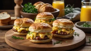 Mini breakfast sandwiches made with Jimmy Dean biscuits, filled with eggs, cheese, and sausage.