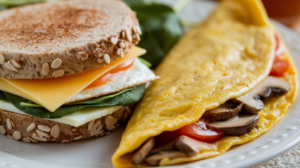 Breakfast sandwich with spinach and an omelet filled with tomatoes and mushrooms.