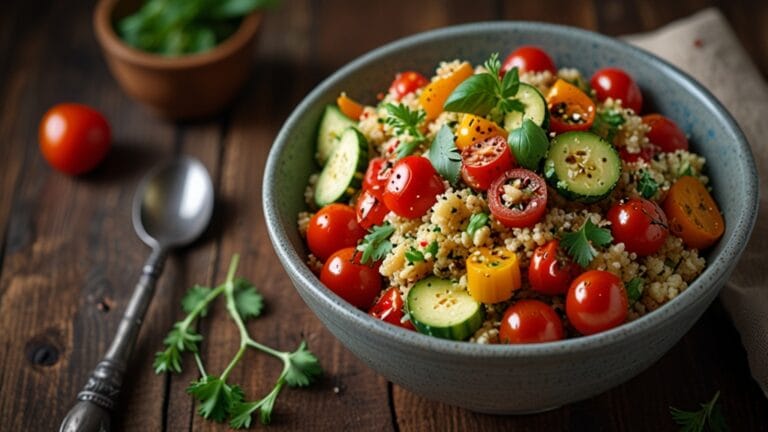 Quinoa salad with roasted vegetables in a bowl