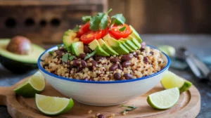 Quinoa and black bean bowl with avocado and cherry tomatoes.