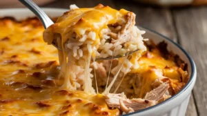 Close-up of cheesy chicken and rice casserole being served