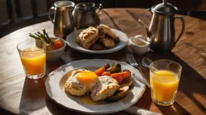 A Southern breakfast table with chicken and gravy biscuits