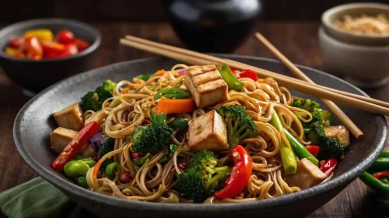 A bowl of stir-fried Lo Mein noodles with vegetables and tofu, surrounded by authentic Chinese cooking ingredients