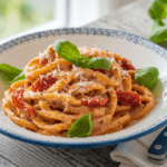 A bowl of sundried tomato pasta garnished with basil and Parmesan on a rustic table.